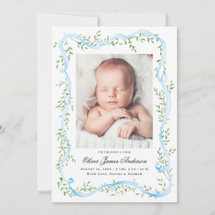Faire-part Élégante photo de naissance avec ruban bleu et ver