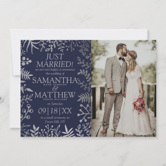 Faire-part Elégante photo Mariage floral marine et argent (Devant)