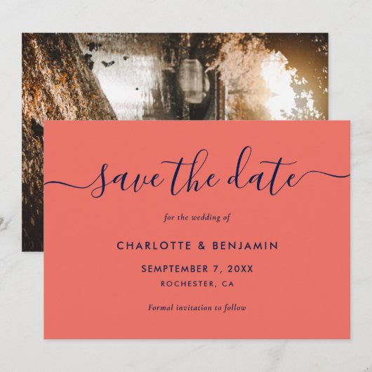 Faire-part Elégante photo marine moderne bleu et corail (Devant / Derrière)