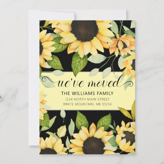 Faire-part Elégante Tournesol Aquarelle Florale Black Moving (Devant)