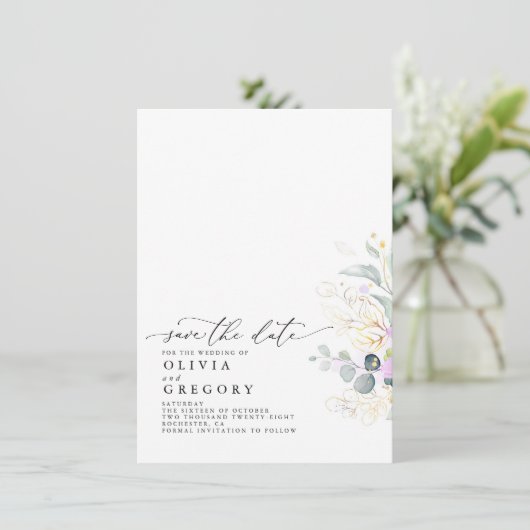 Faire-part Élégante Verdure Or Enregistrer La Date Annonce (Debout devant)