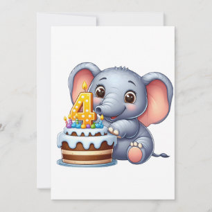 Faire-part Éléphant Mignon 4ème Anniversaire