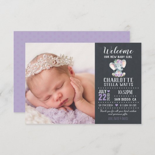 Faire-part Elephant Nouveau bébé Fille Chalkboard Photo Naiss (Devant / Derrière)