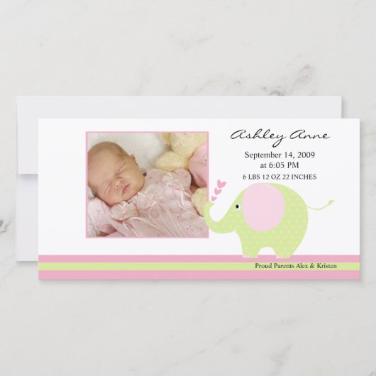 Faire-part Eléphant rose Bébé Fille Naissance Annouement (Devant)