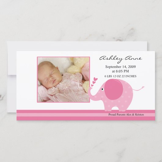 Faire-part Eléphant rose Bébé Fille Naissance Annouement (Devant)