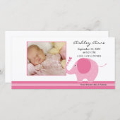 Faire-part Eléphant rose Bébé Fille Naissance Annouement (Devant / Derrière)