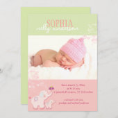 Faire-part Eléphant rose Bébé fille photo naissance (Devant / Derrière)