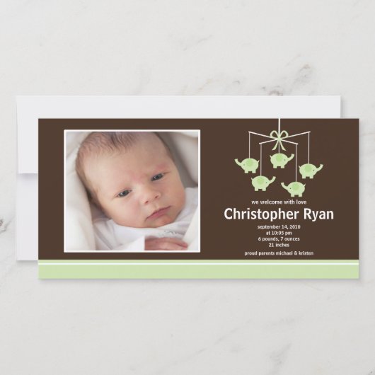 Faire-part Eléphants verts Bébé Garçon Anniversaire de naissa (Devant)