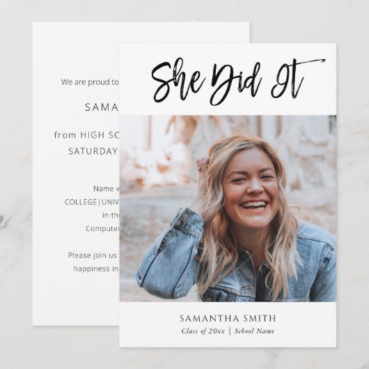 Faire-part Elle L'A Fait Moderne Calligraphie Photo Graduatio (Devant / Derrière)