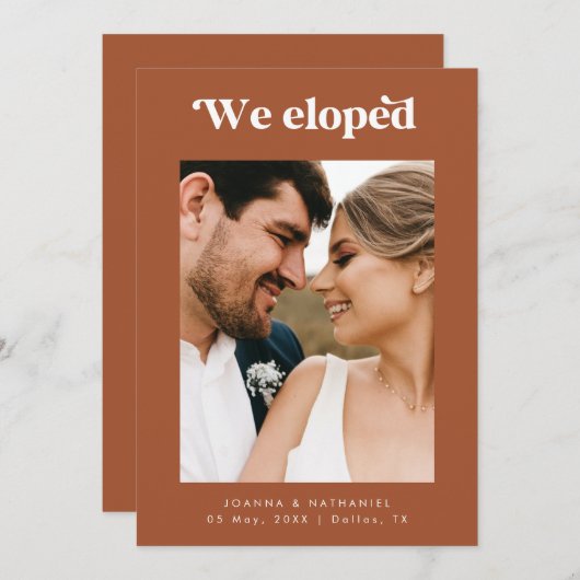 Faire-part Elopement en terre cuite rétro Script (Devant / Derrière)