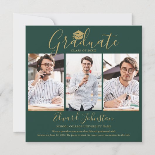 Faire-part Emerald Gold Script Graduate 4 Photo Graduation (Devant)