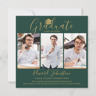 Faire-part Emerald Gold Script Graduate 4 Photo Graduation
