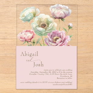 Faire-part en acrylique Fleurs de Pivoines Roses