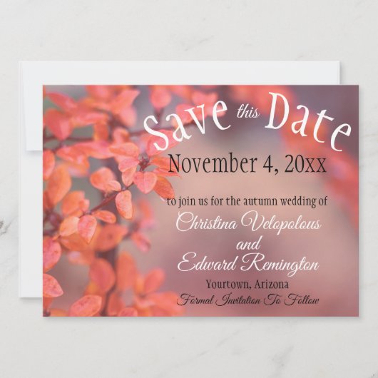 Faire-part Enregistrer La Date Mariage Feuilles Automne De La (Devant)