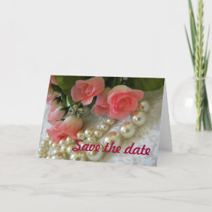 Faire-part Enregistrer la date rose et perles d'or