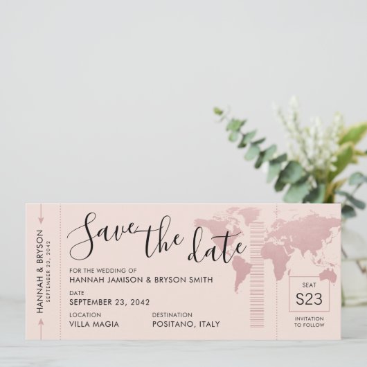 Faire-part Enregistrer la date Rose Gold World Map Pass d'emb (Debout devant)