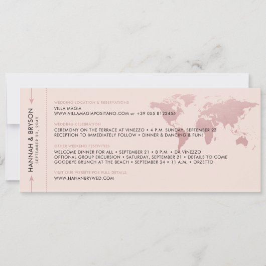 Faire-part Enregistrer la date Rose Gold World Map Pass d'emb (Dos)