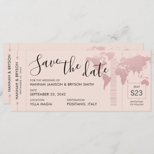 Faire-part Enregistrer la date Rose Gold World Map Pass d'emb (Devant / Derrière)