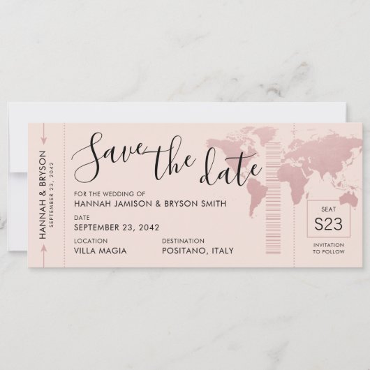 Faire-part Enregistrer la date Rose Gold World Map Pass d'emb (Devant)