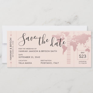 Faire-part Enregistrer la date Rose Gold World Map Pass d'emb