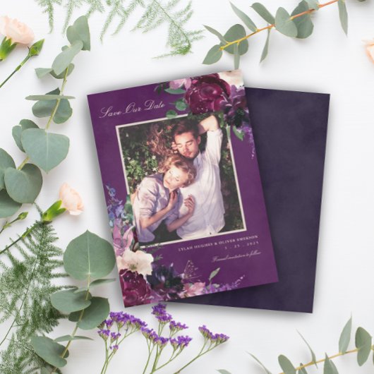 Faire-part Enregistrez notre date de photo florale violette d