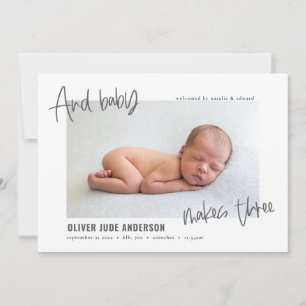 Faire-part Et bébé fait trois photos de naissance moderne