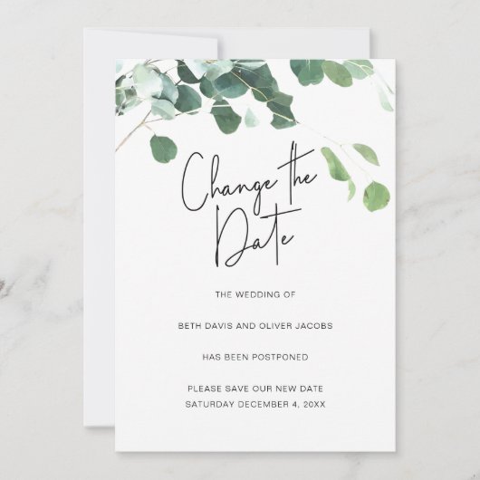 Faire-part Eucalyptus Changer la Date Report de Mariage (Devant)
