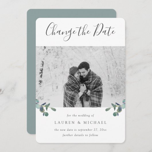 Faire-part Eucalyptus Crest Aquarelle Photo Changement de dat (Devant / Derrière)