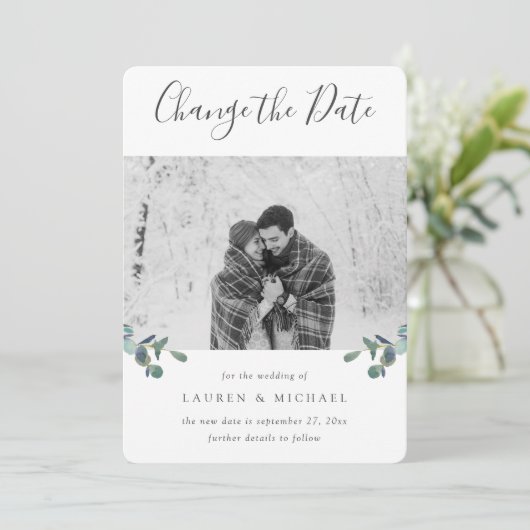 Faire-part Eucalyptus Crest Aquarelle Photo Changement de dat (Debout devant)