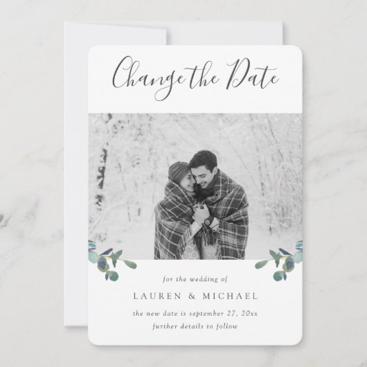 Faire-part Eucalyptus Crest Aquarelle Photo Changement de dat (Devant)
