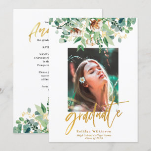 Faire-part Eucalyptus Floral Élégant Gold Script Graduation
