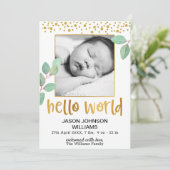 Faire-part Eucalyptus Gold Frame Hello World Baby Birth (Debout devant)