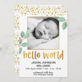Faire-part Eucalyptus Gold Frame Hello World Baby Birth (Devant / Derrière)