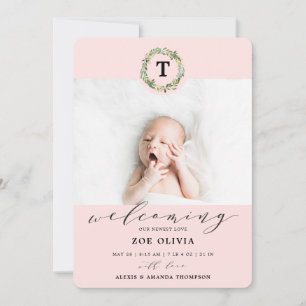 Faire-part Eucalyptus rose Fille Monogramme Naissance