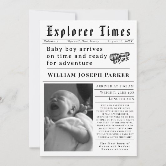 Faire-part Explorer Times Naissance Nouveau-Né (Devant)