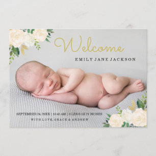 Faire-part Faire Annonce de Naissance Photo Fleurie Or Rose