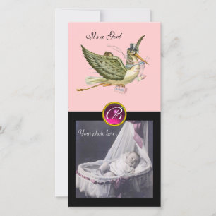 Faire-part faire part bébé cigogne monogramme carré ruby