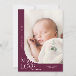 Faire-part Fait avec amour Photo de naissance à la canneberge