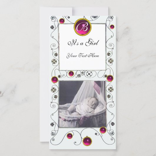 Faire-part FANCY SWIRLS BÉBÉ FILLE MONOGRAM, ruby blanc (Devant)