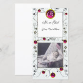 Faire-part FANCY SWIRLS BÉBÉ FILLE MONOGRAM, ruby blanc (Devant / Derrière)