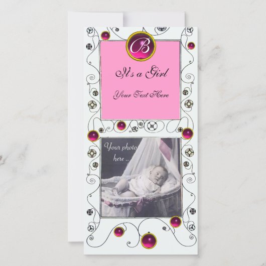 Faire-part FANCY SWIRLS BÉBÉ FILLE MONOGRAM, ruby blanc (Devant)