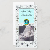 Faire-part FANCY SWIRLS BÉBÉ GARÇON MONOGRAM, aquamarine blan (Devant / Derrière)