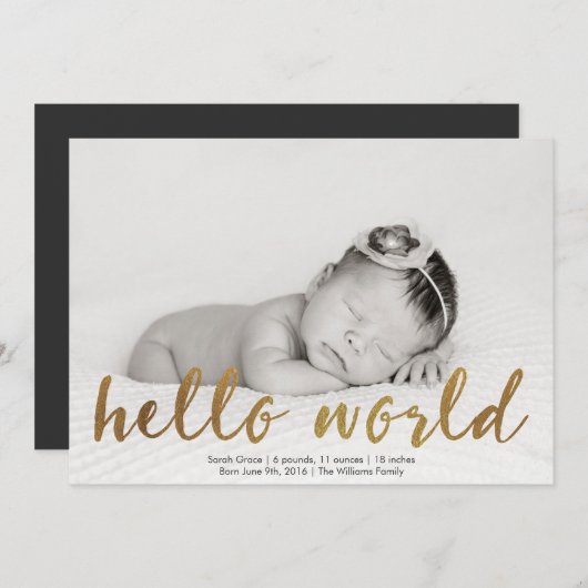 Faire-part Faux Gold Hello World Photo (Devant / Derrière)