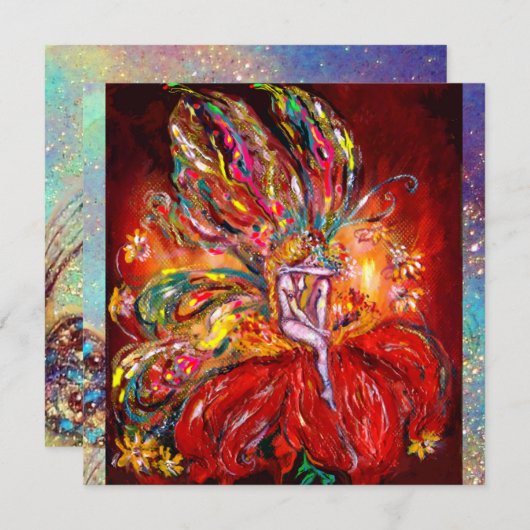 Faire-part FÉE EN ROUGE jaune vert bleu (Devant / Derrière)