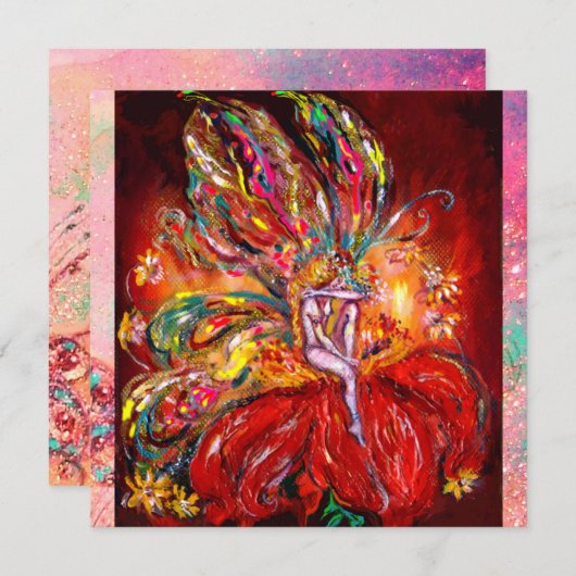 Faire-part FÉE EN ROUGE jaune vert rose (Devant / Derrière)