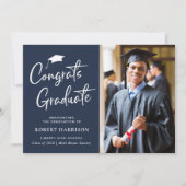 Faire-part Félicitations Diplômé Photo Script Bleu Graduation (Devant)