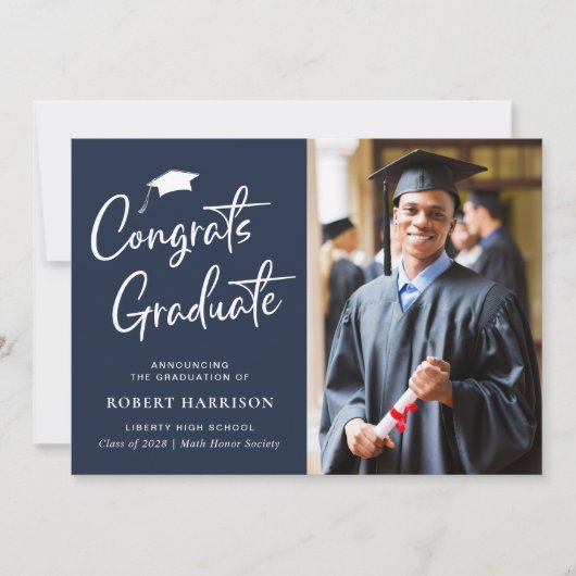 Faire-part Félicitations Diplômé Photo Script Bleu Graduation (Devant)