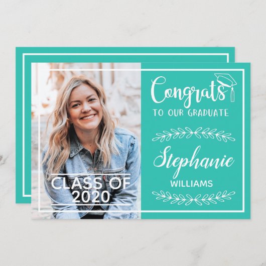 Faire-part Félicitations grand moderne turquoise photo de gra (Devant / Derrière)