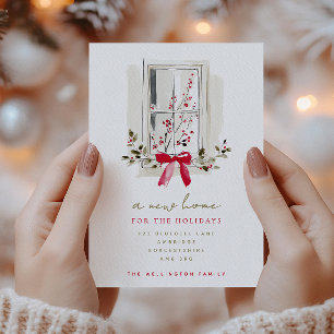 Faire-part Fenêtre de vacances festive rouge Nouvelle maison 