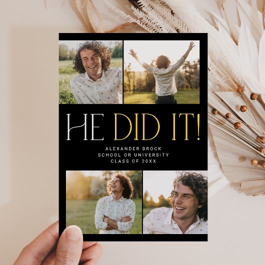 Faire-part Fete Black Gold moderne Il L'A Fait Photo Graduati